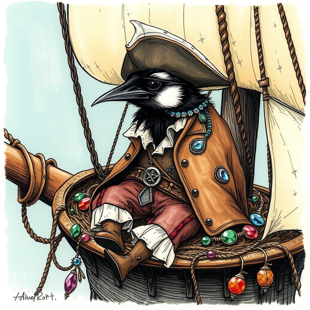 Magpie Pirate in Crow's Nest, Storybook Illustration
