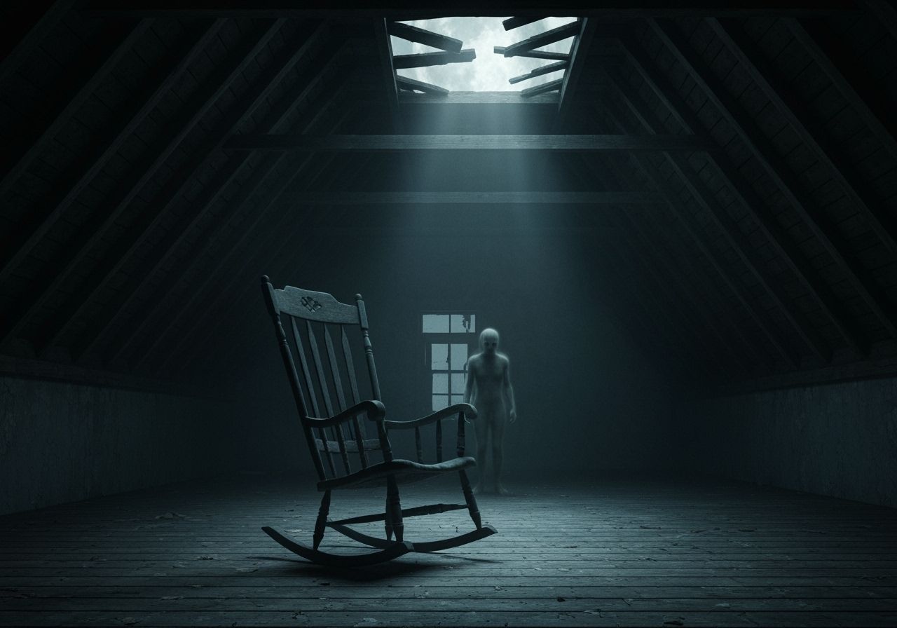 Eerie Rocking Chair in Abandoned Attic in Art Nouveau Style