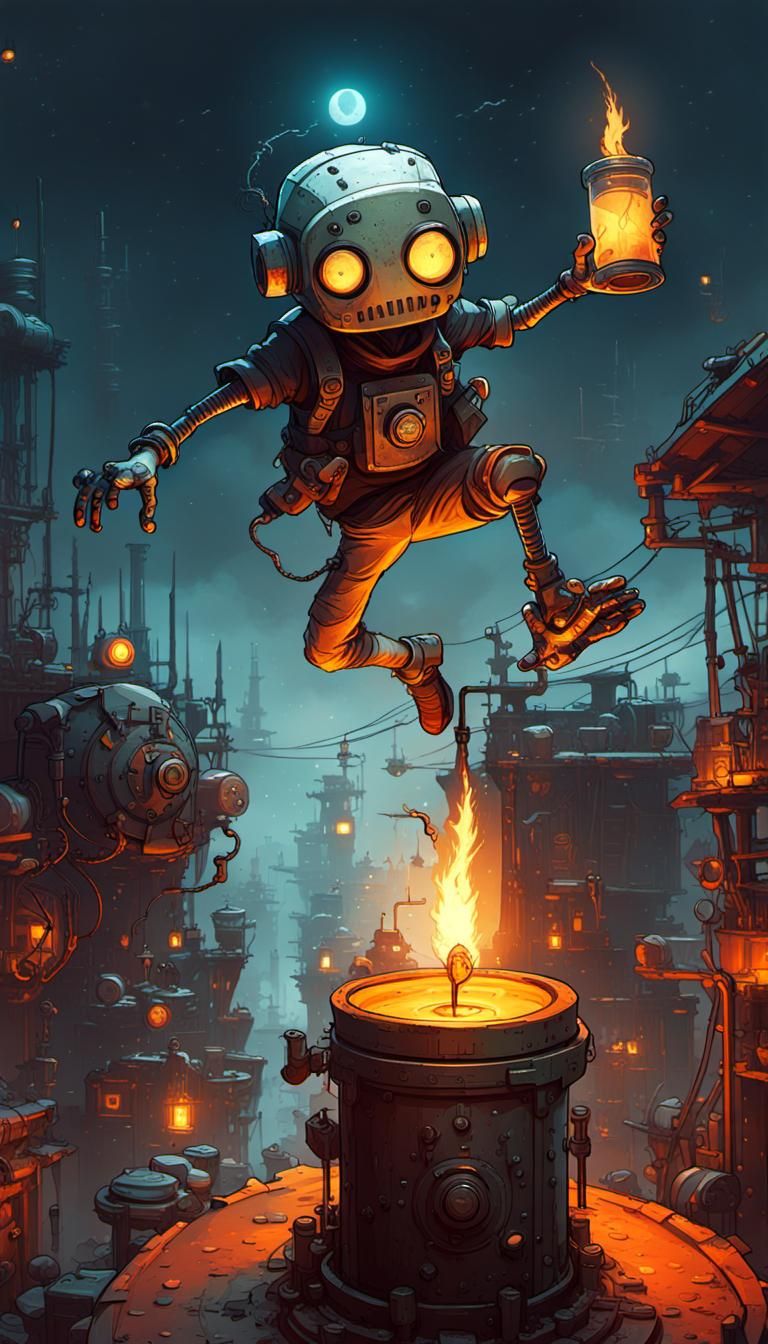 Boy Leaping Over Wax Candle in Cyberpunk Style