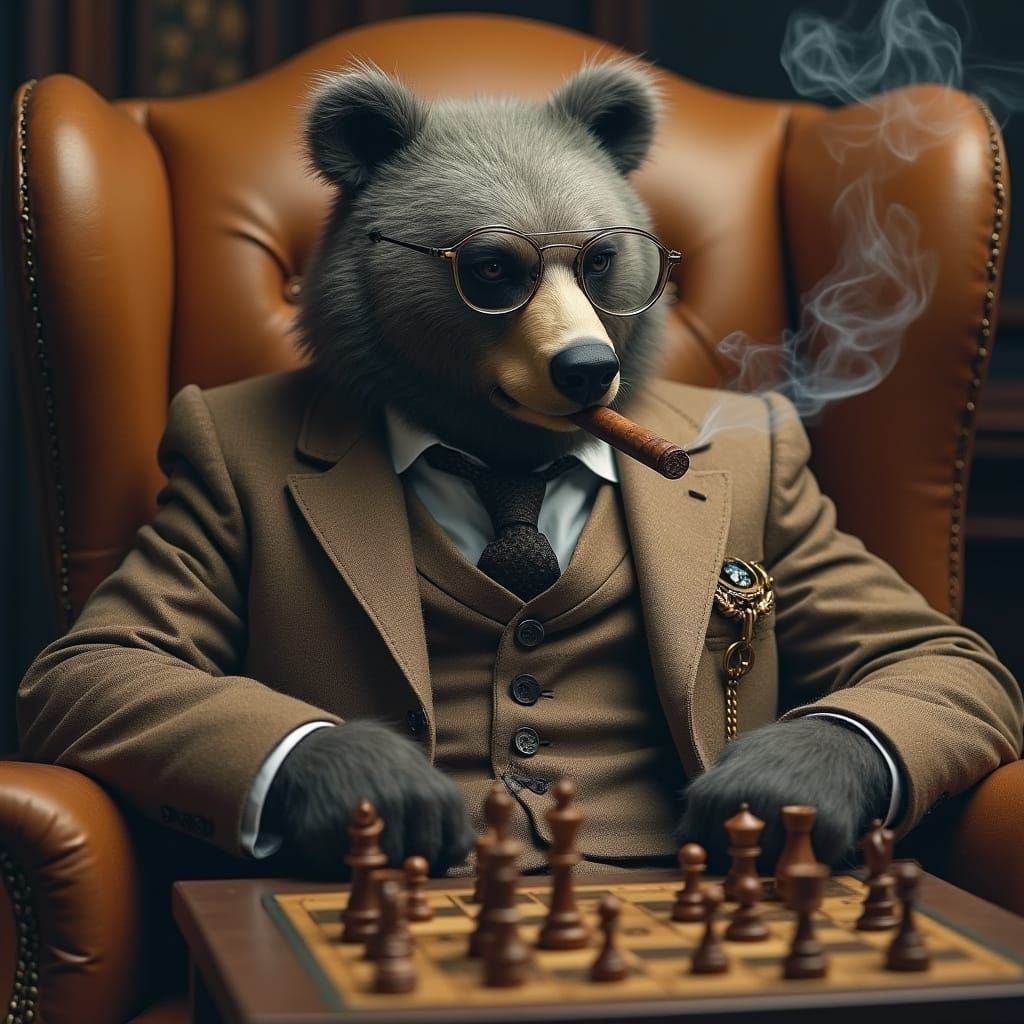 Elegant Bear Ponders Chess Move in Tweed Suit and Glasses