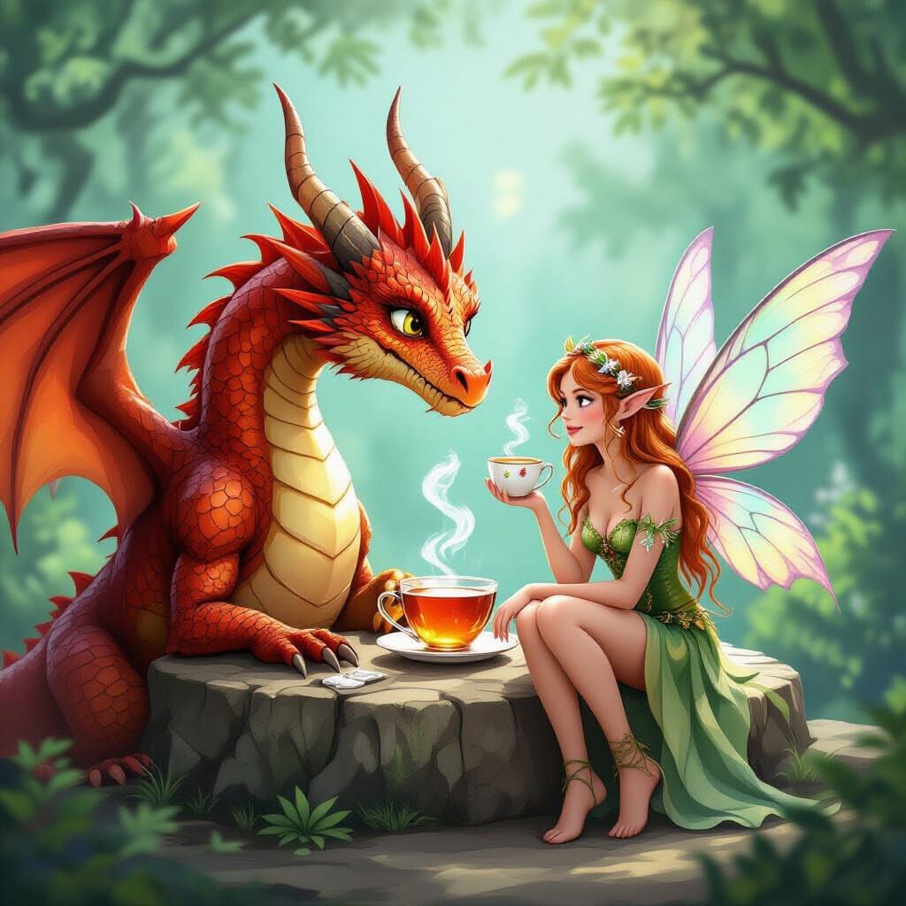 A dragon and a fairy sharing tea