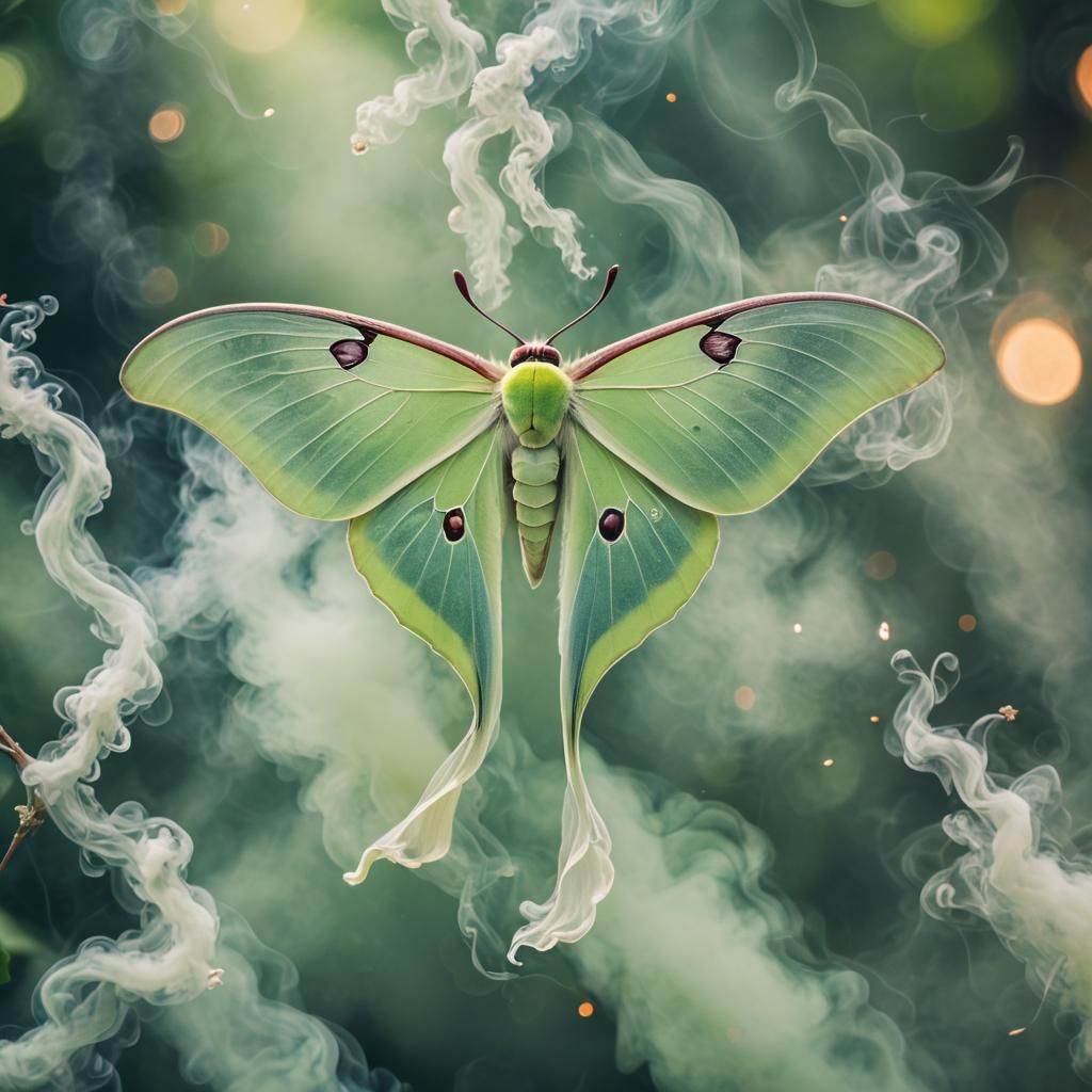 Luna Moth in Swirling Smoke: Professional Photography