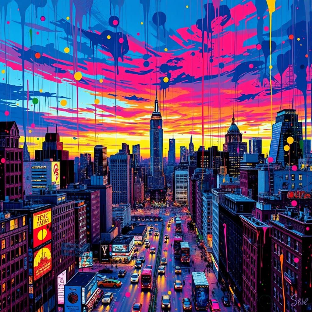 Vibrant Dusk Skyline in Pollock-Inspired Pop Art Style