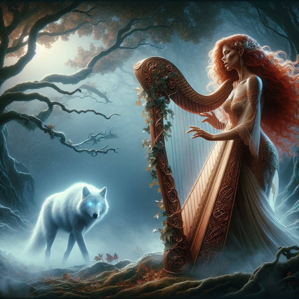 Mystical Celtic Harpist amidst White Wolf in Enchanted Oak F...