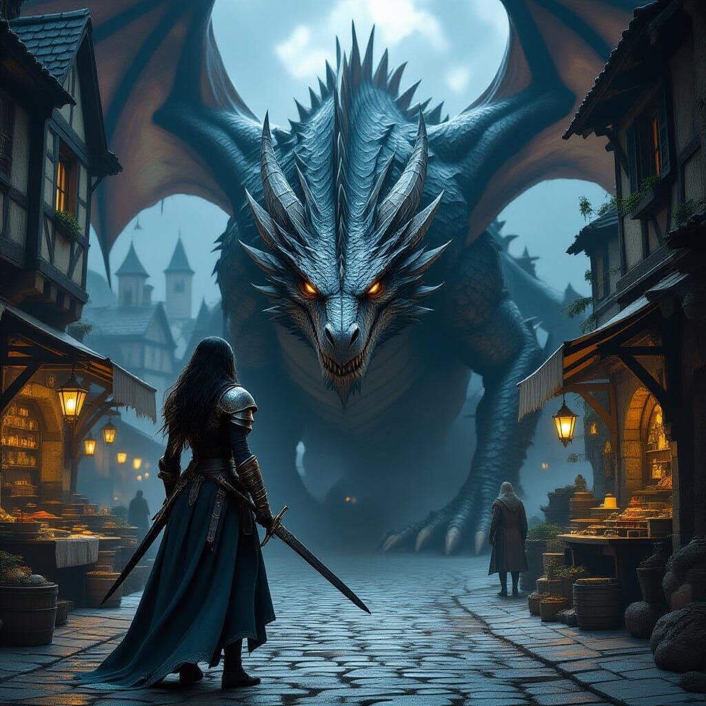 Heroine Confronts Dragon in Medieval Marketplace