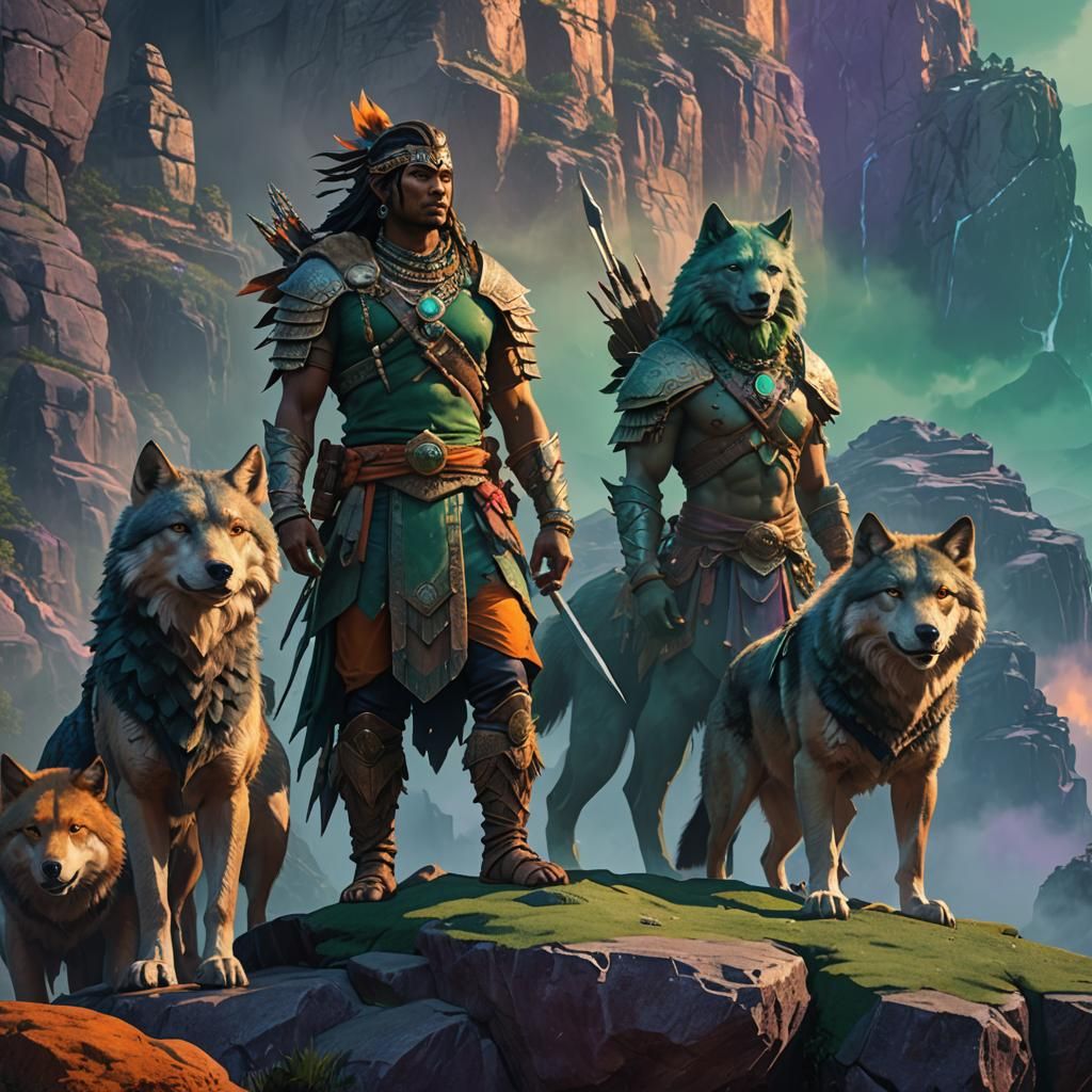 Indian Warrior and Wolves: 3D Fantasy Art
