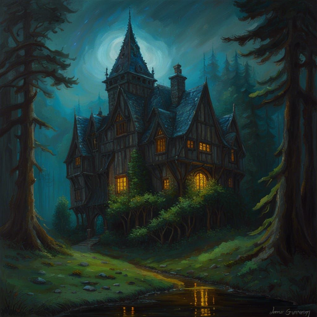 Gothic Tudor Manor in Eerie Dark Fantasy Landscape