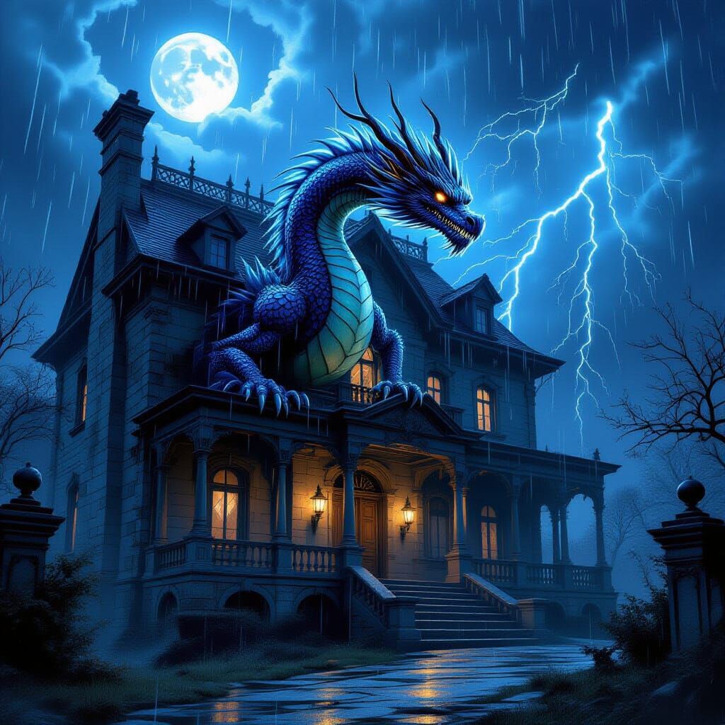 Spectral Dragon Guards Haunted Mansion on Stormy Halloween N...