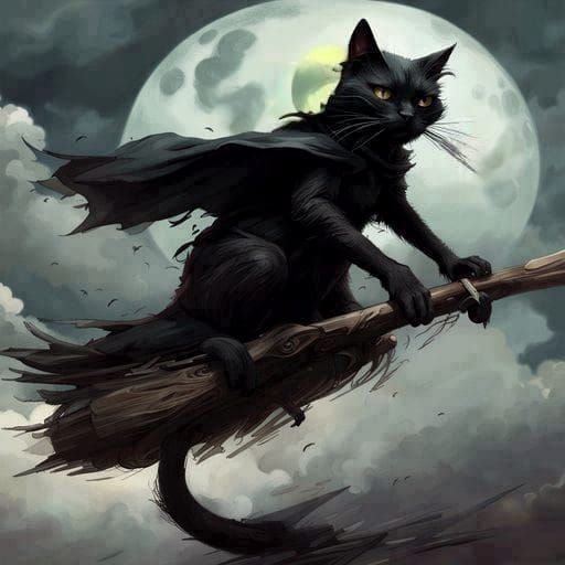 Furious Cat Witch Soaring Through the Clouds