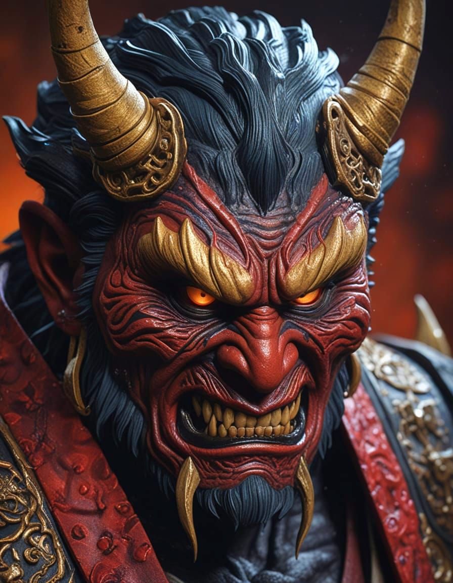Nightmarish Oni Mask in Hyperrealistic Style