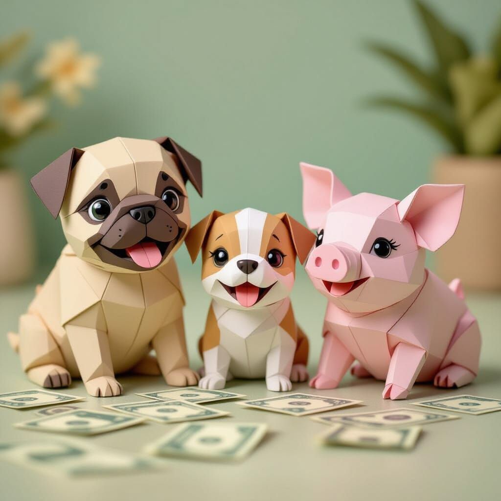 Origami Baby Animals Joyfully Surrounded by Paper Money