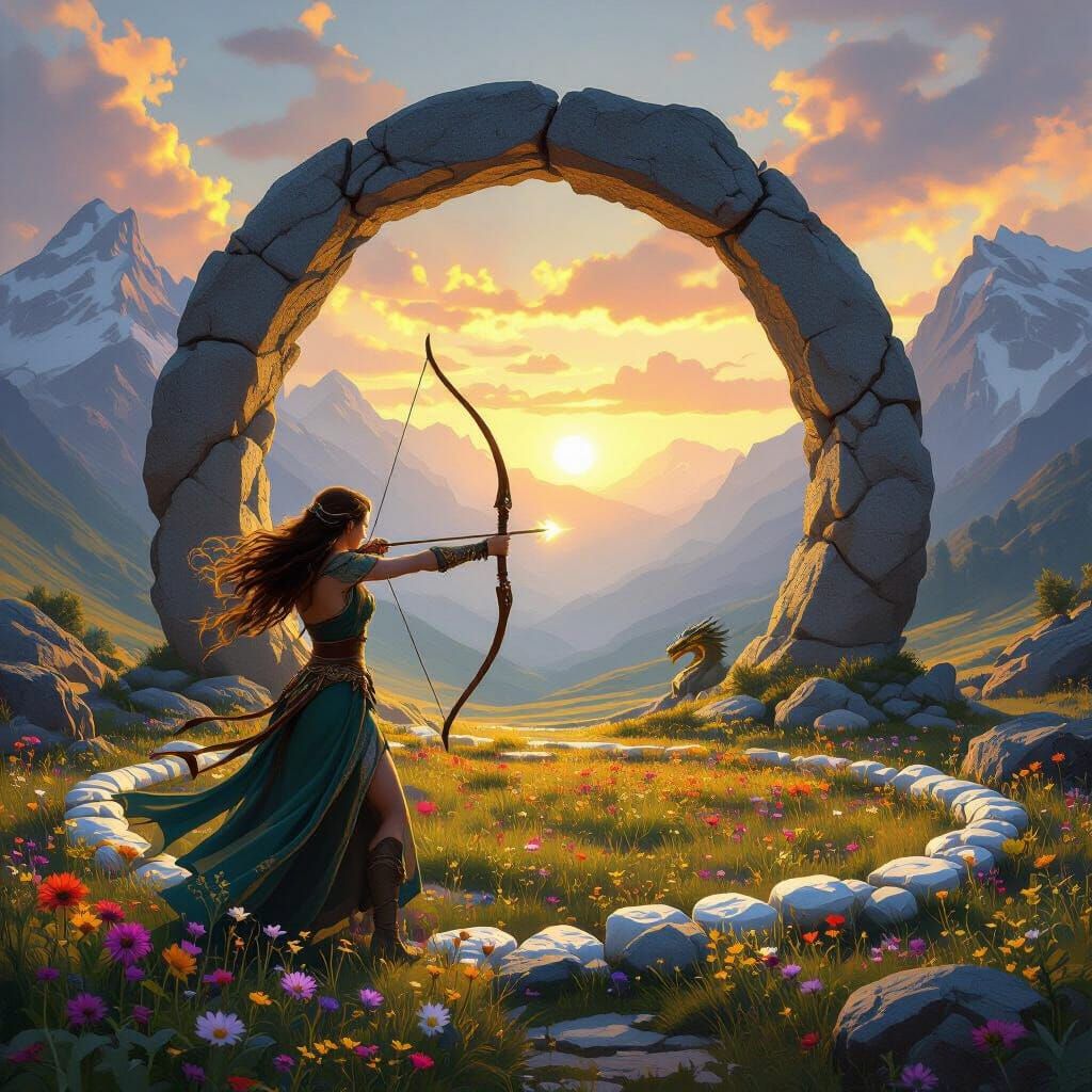Stonehenge & Celtic Warrior Aiming Arrow at Dragon