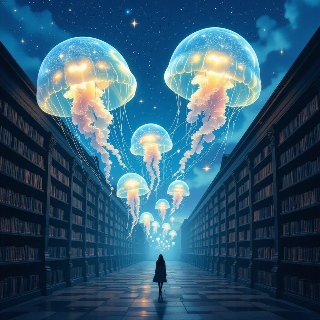 Luminous Jellyfish Over Abandoned Library Dreamscape
