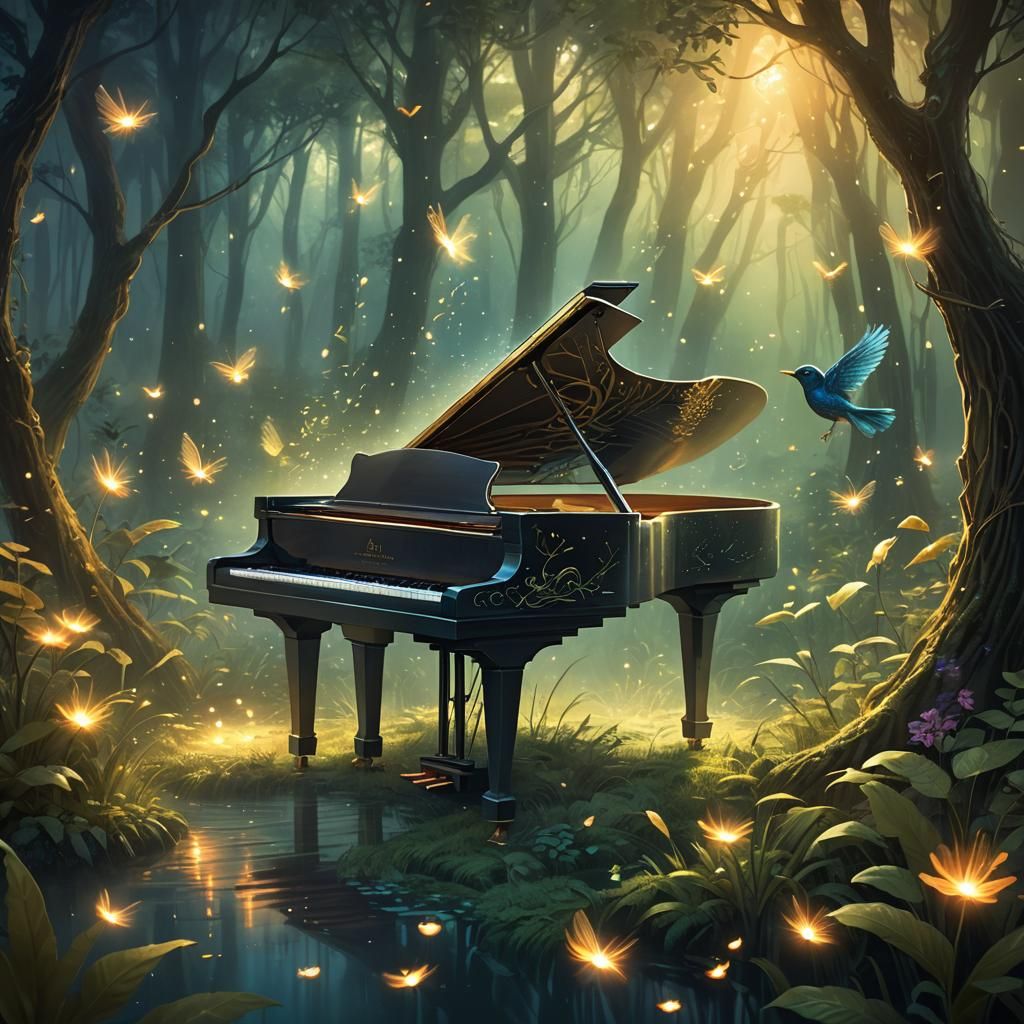 Ethereal Bird Plays Piano in Dreamlike Forest