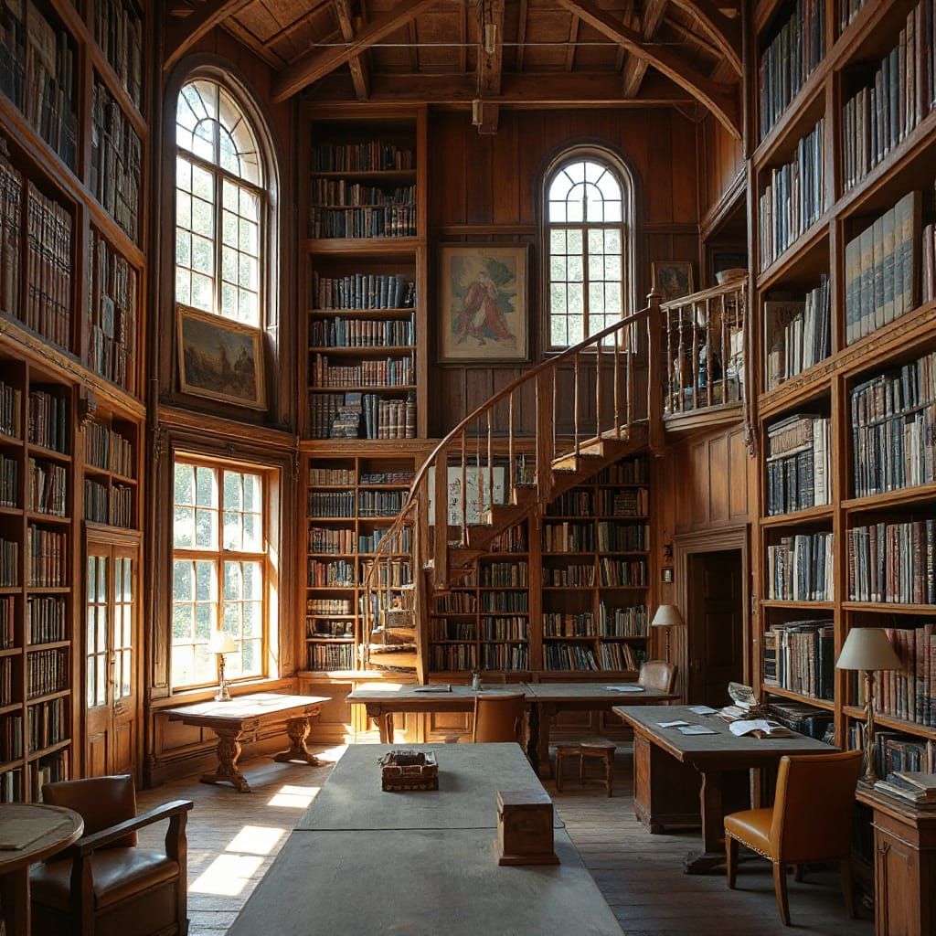 Medieval Library with Stained Glass Windows