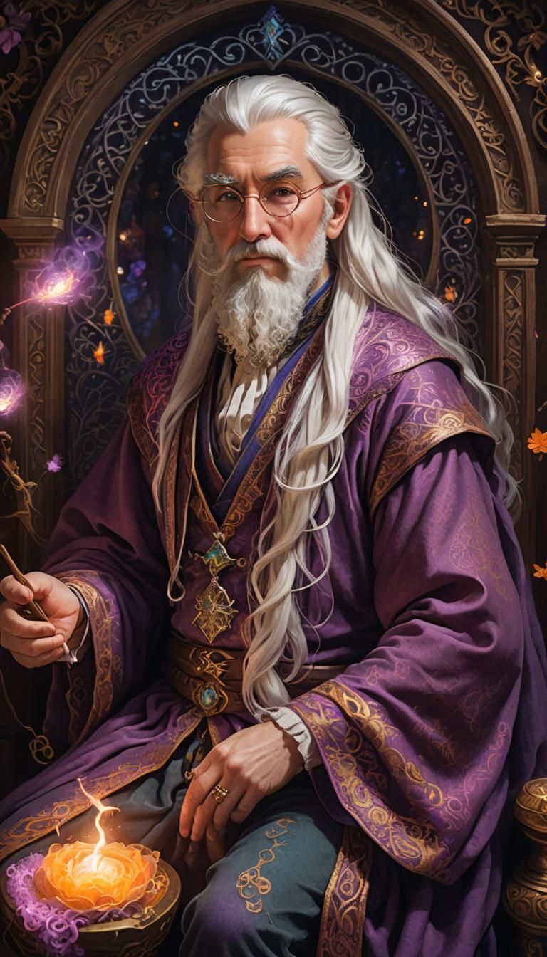 Medieval Wizard in Renaissance Chamber: Expressive Gouache P...