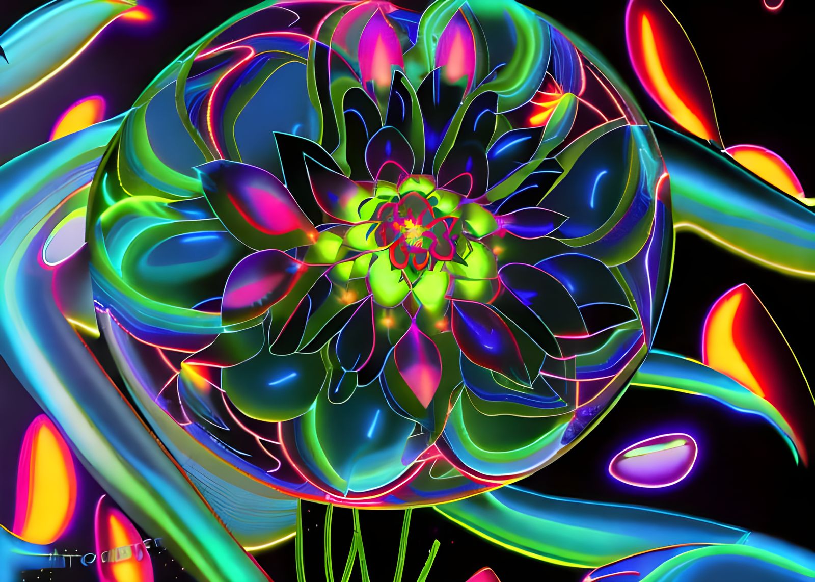 Neon Flower in Bubble: Cyberpunk Fantasy Art