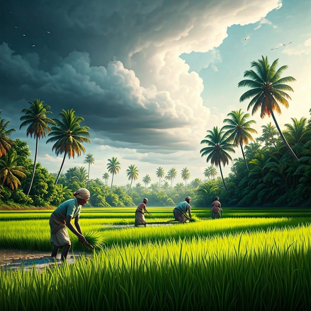 Kerala: Lush green paddy fields stretch endlessly under a cl...