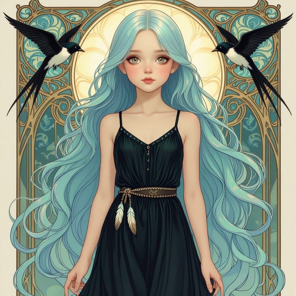 Ethereal Art Nouveau Girl in Iridescent Dress