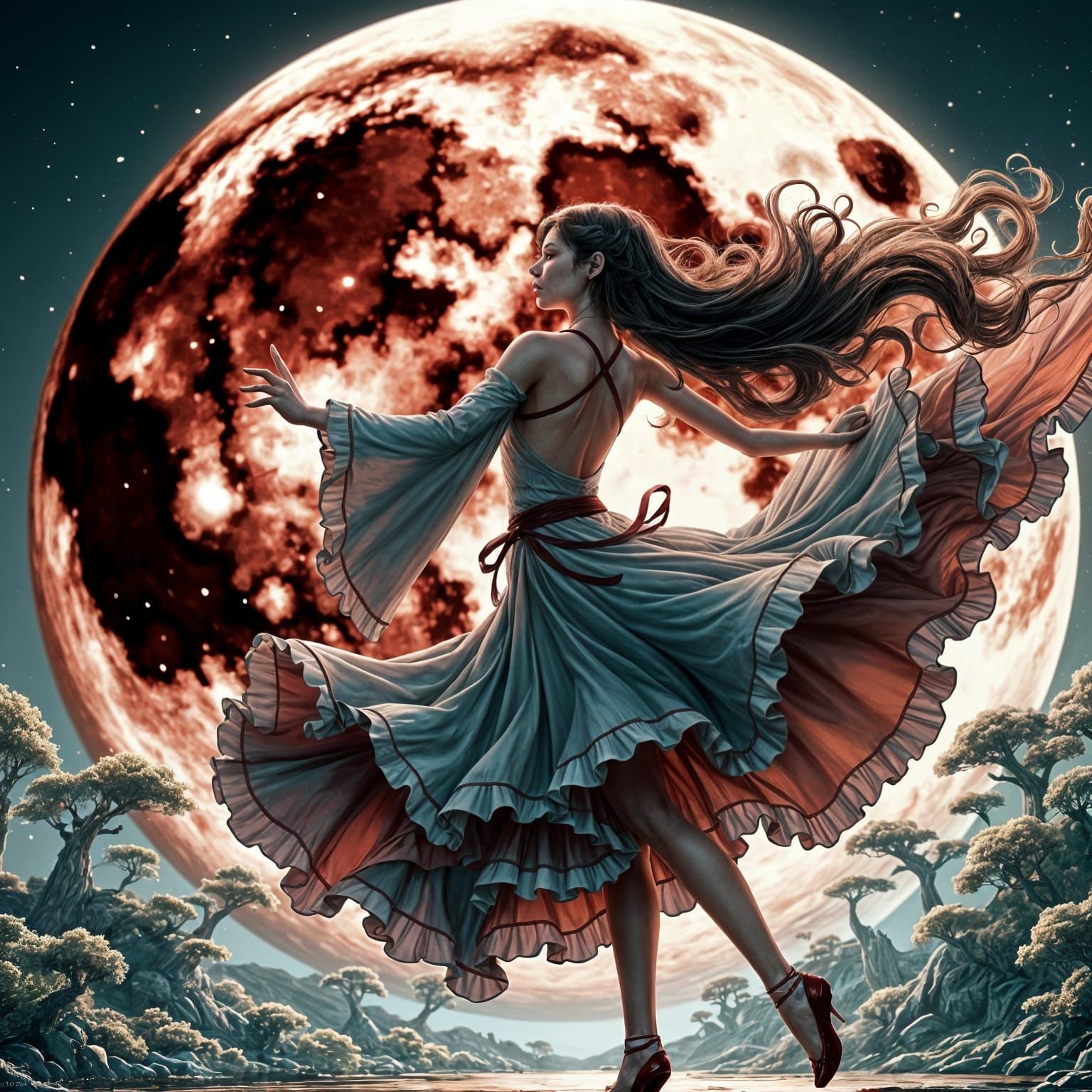 Dancing Woman with Blood Moon in Manga Style