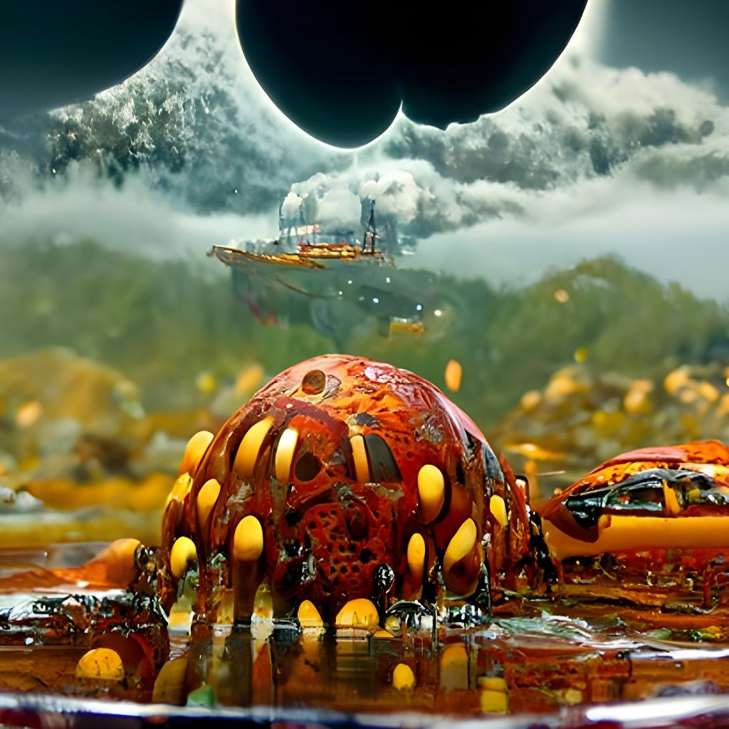 Arachnid Fish in Oil Ocean: Sci-Fi Illustration