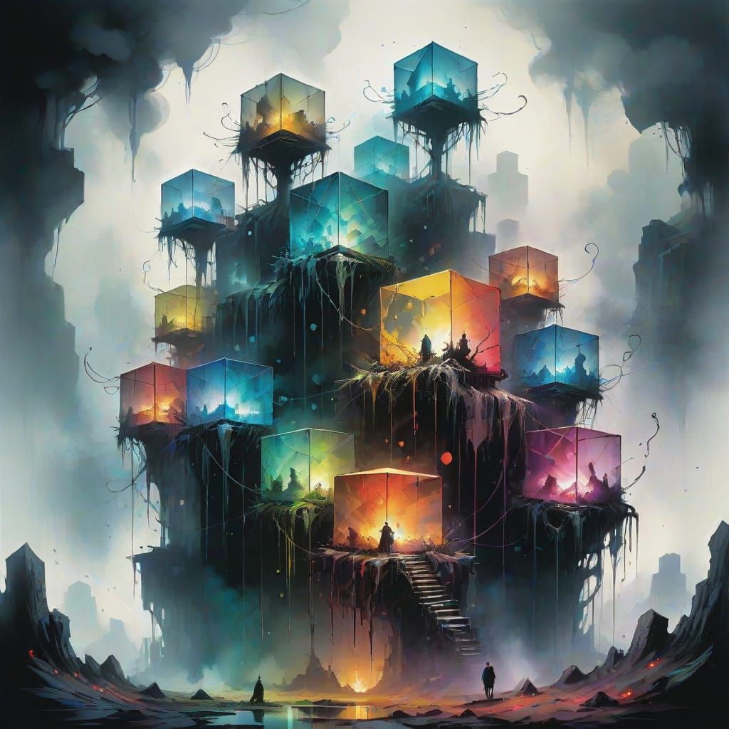 Multicolored Cubes in Dark Fantasy Landscape