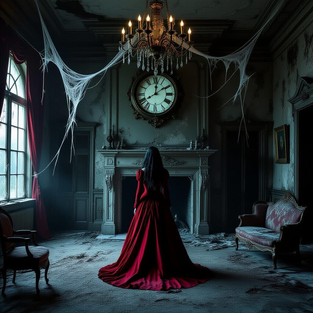 Spectral Woman in Decaying Ballroom on Halloween Night
