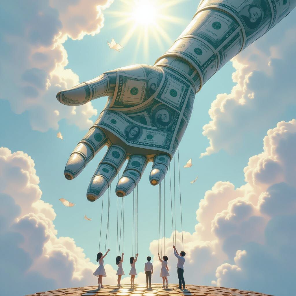 Colossal Hand of Money Controls Tiny Humans in Surreal Scene