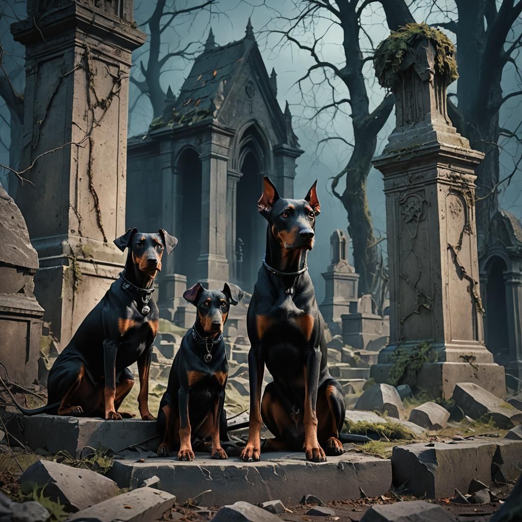 Dark Fantasy Dobermans Guarding Graveyard Mausoleum