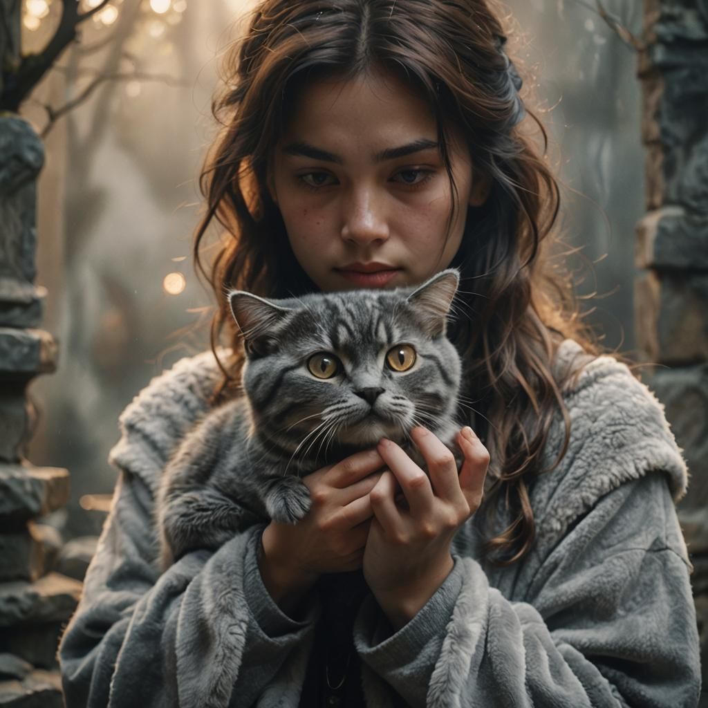 Woman with Grey Marble Cat: Cinematic Film Still