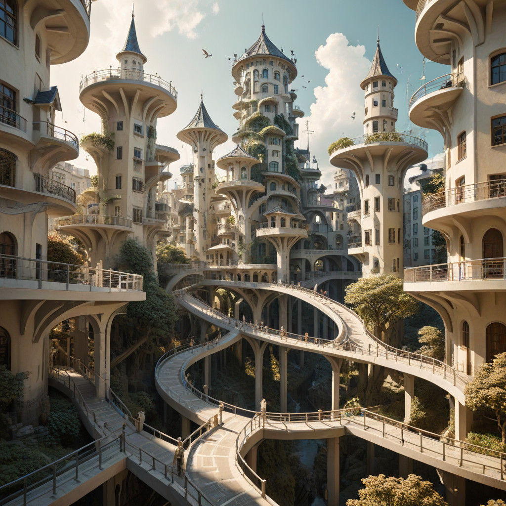 Surreal Escher-Inspired Metropolis with Twisting Roads and T...