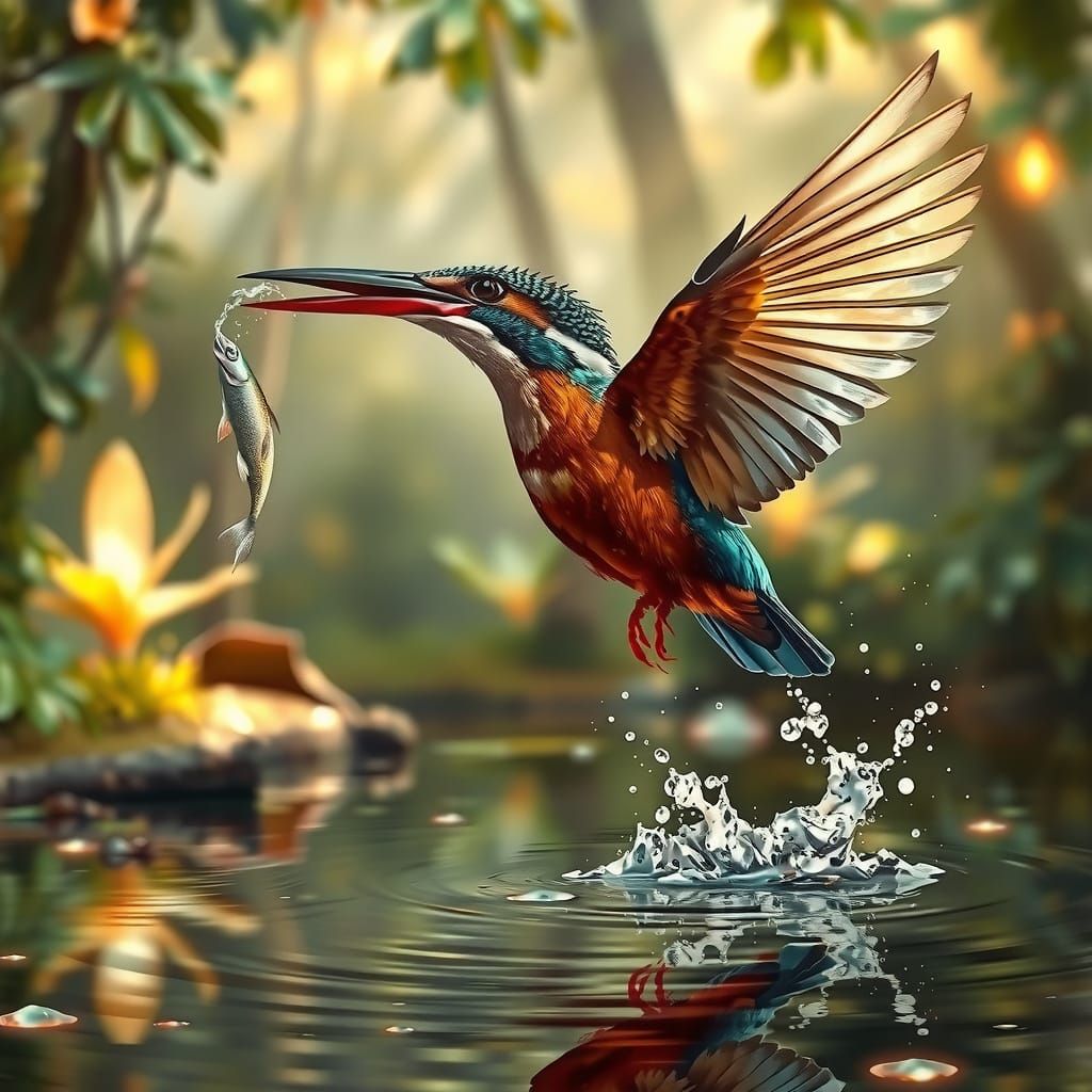 Surreal Kingfisher in Dreamlike Forest with Vibrant Plumage