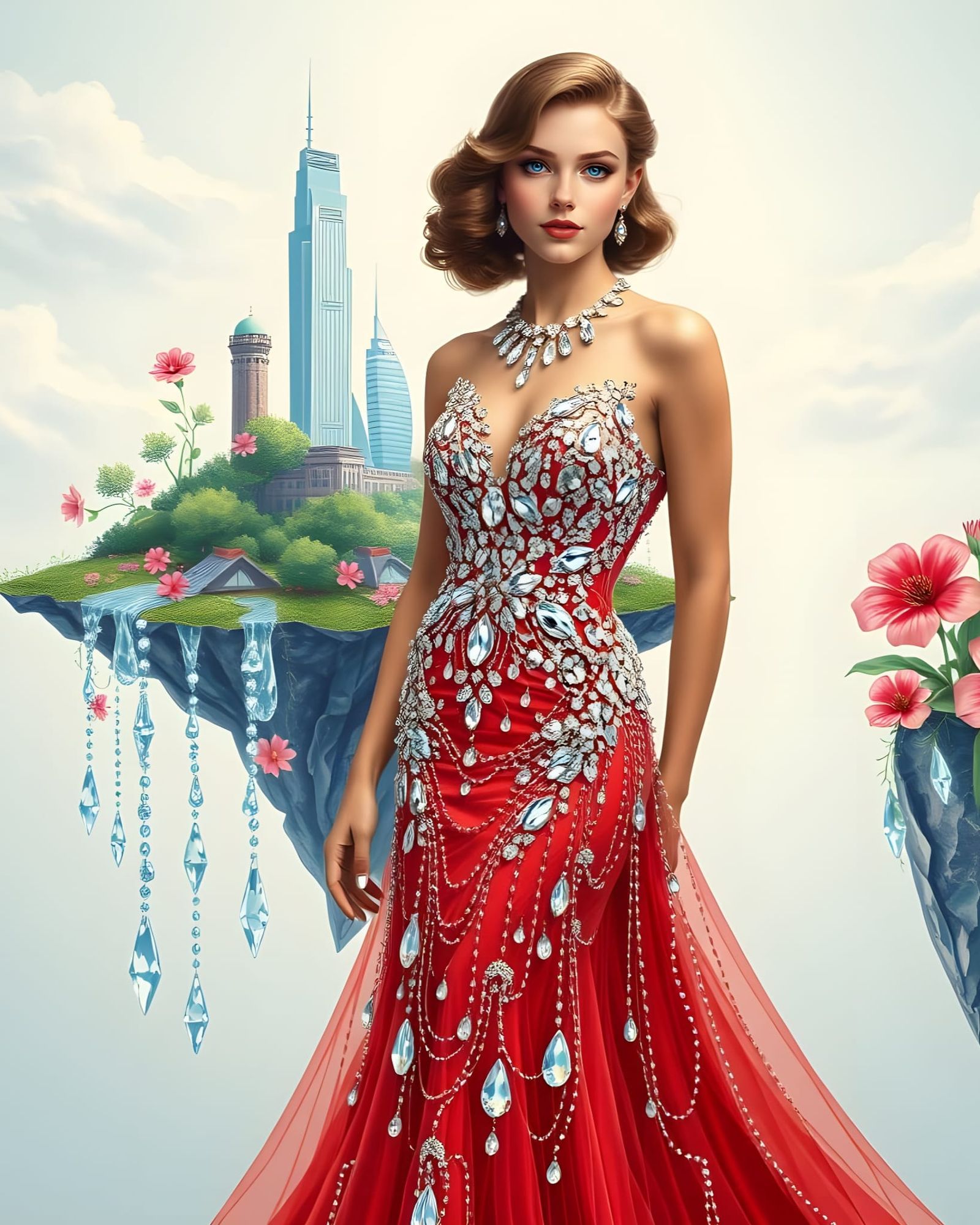 Young Woman in Beaded Gown on Floating Island