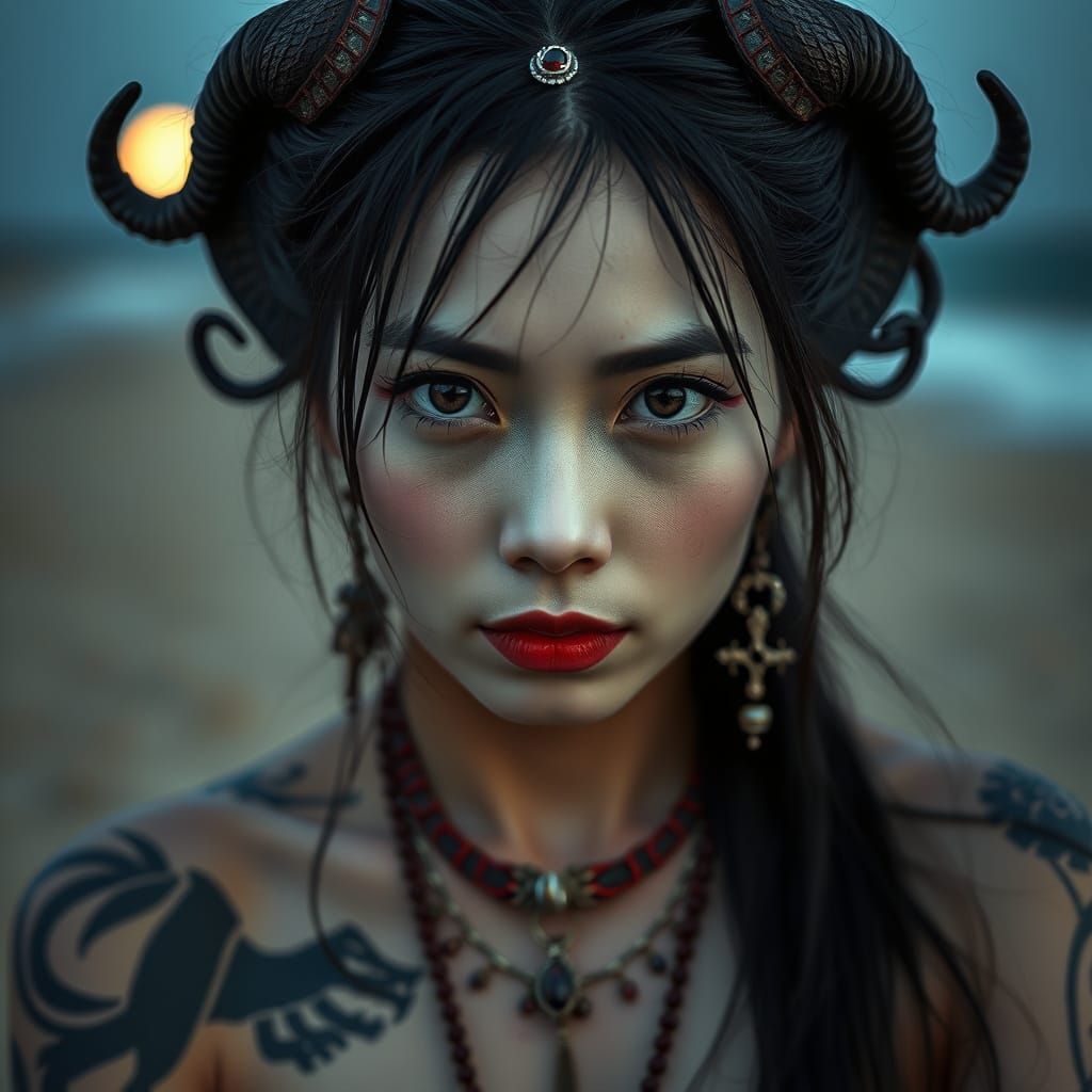 Artistic Portrait of a Chinese Devil Woman on a Beach