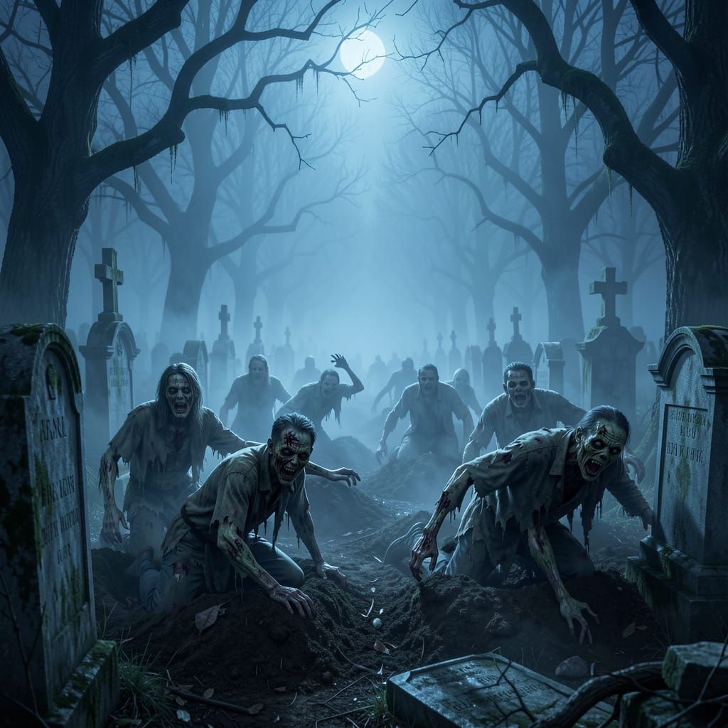 Hyperrealistic Cemetery Scene with Zombies and Blue Mist