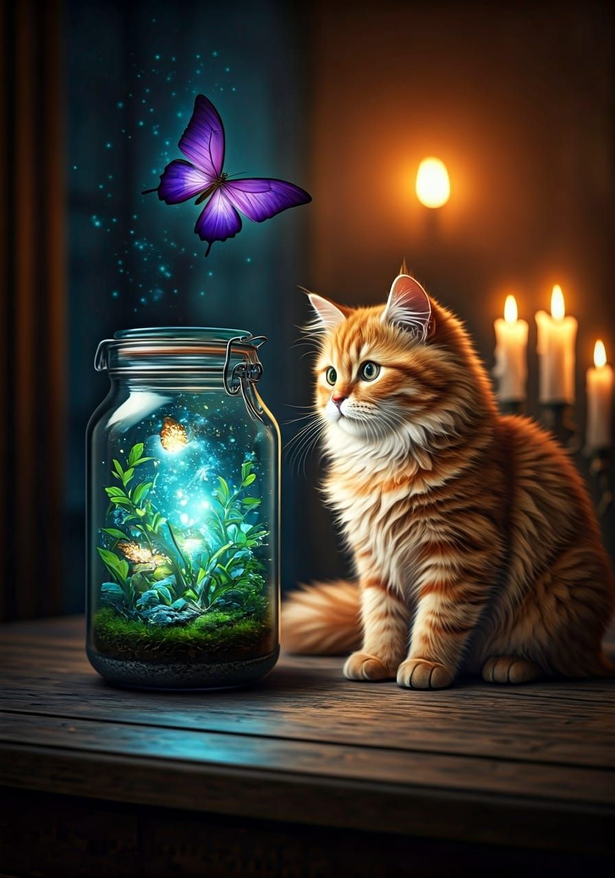Orange Cat Mesmerized by Glowing Butterflies