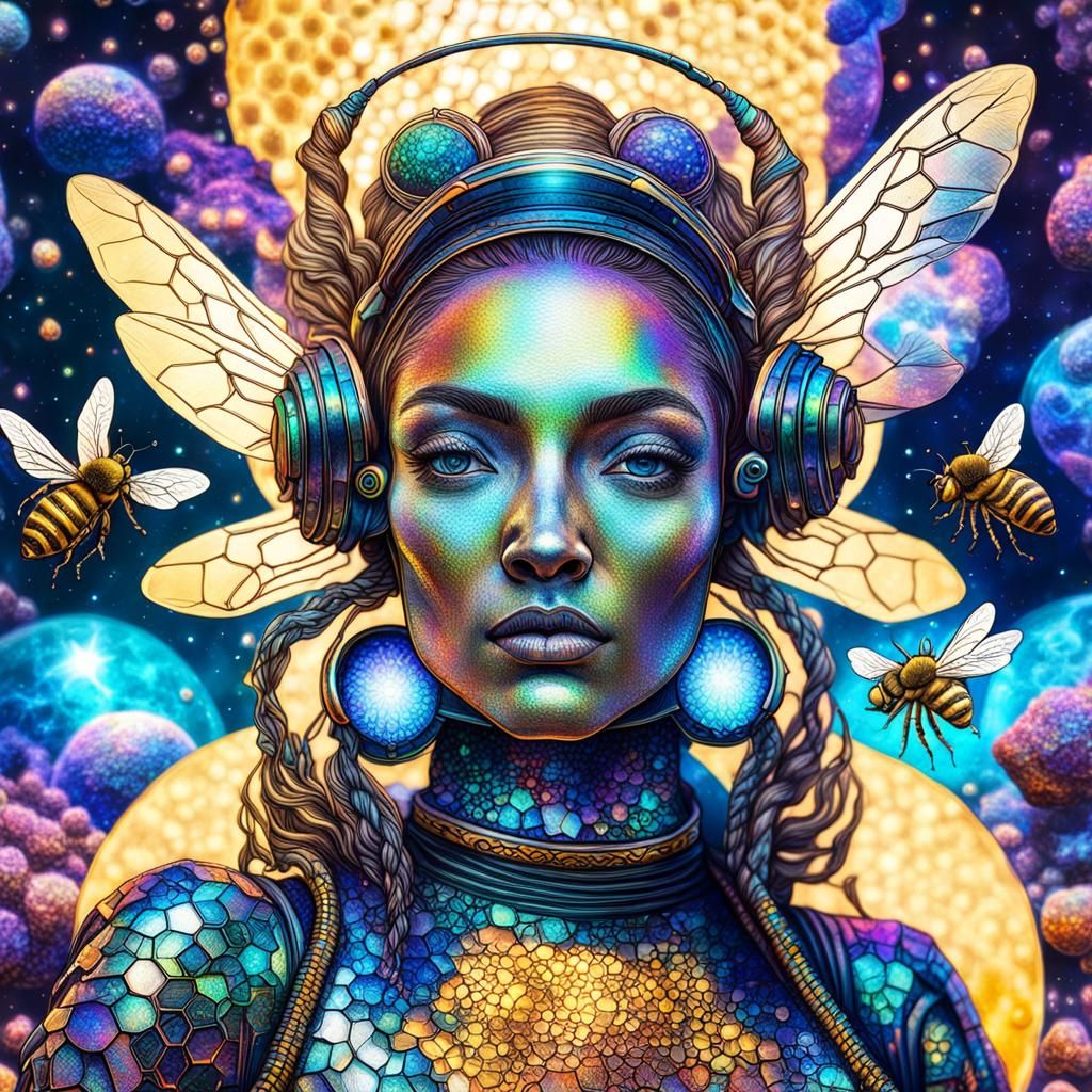 Cosmic Honeybees in Astral Holographic Illustration
