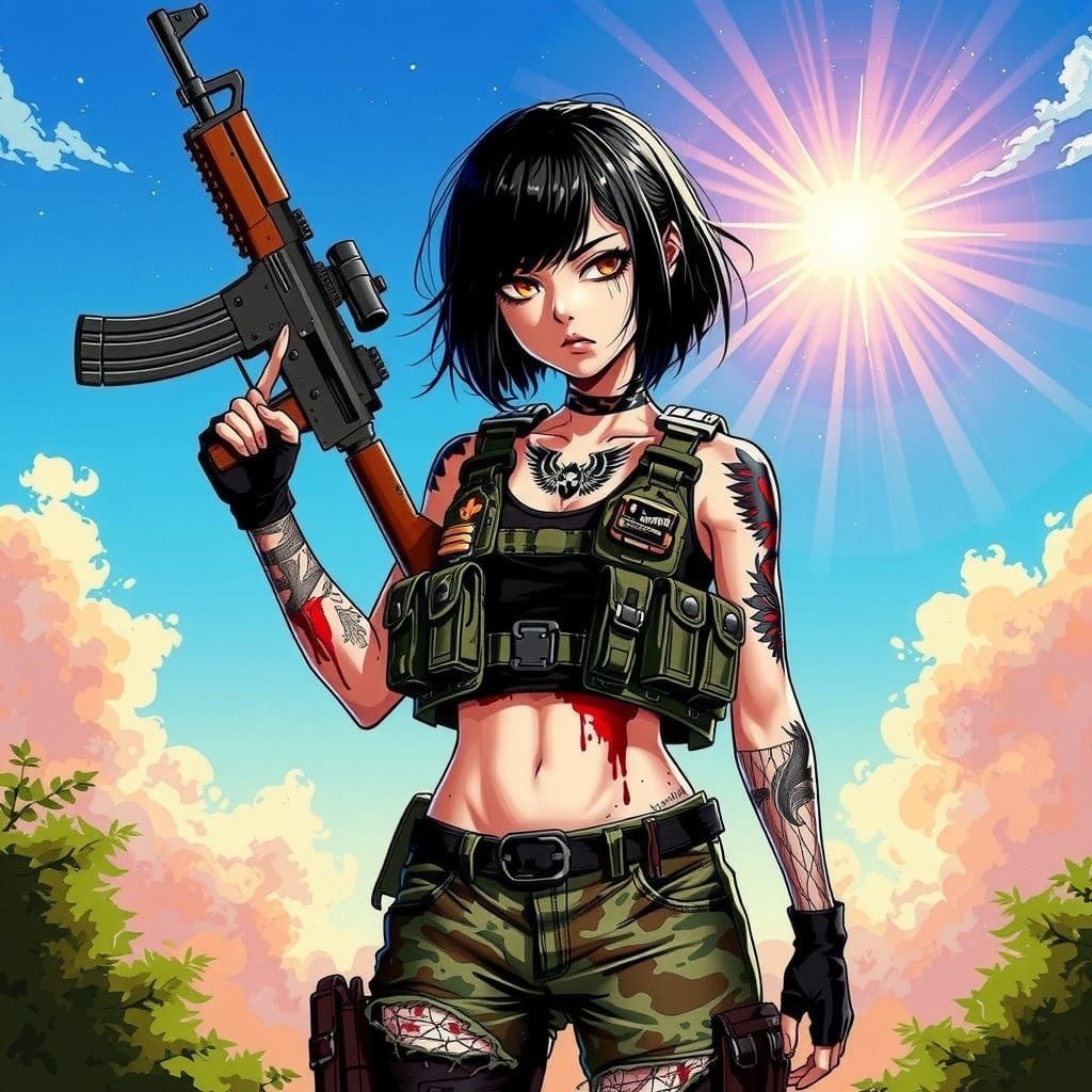 Edgy Emo Girl in Tactical Vest and Torn Camouflage