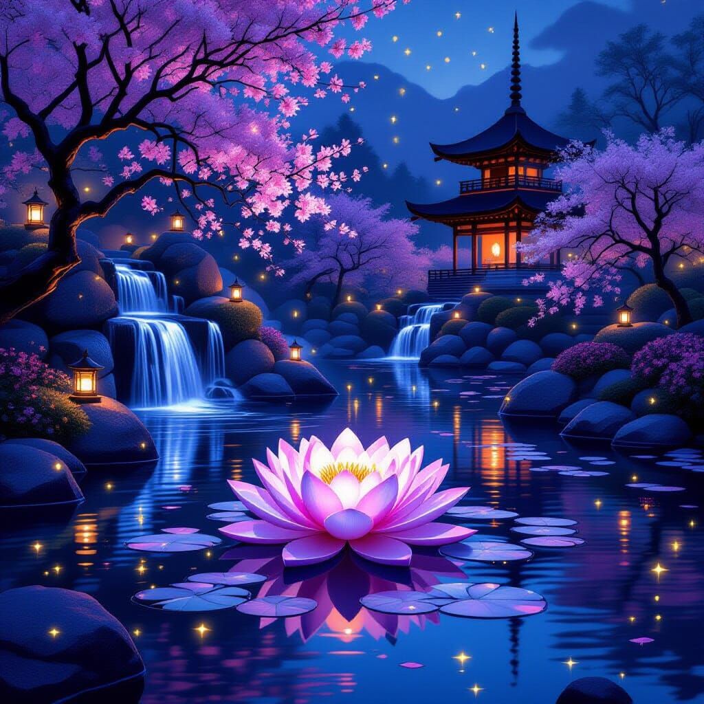 Glowing Lotus Garden at Twilight with Waterfalls and Lantern...