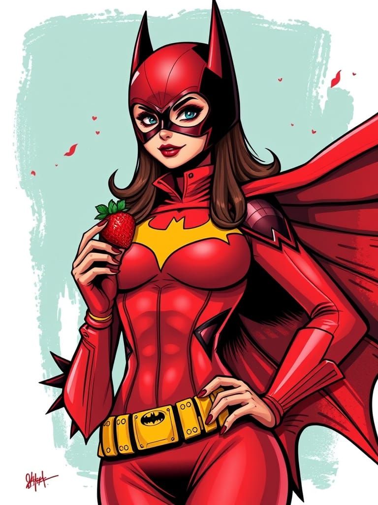 Woman in Red Batman Costume with Strawberry
