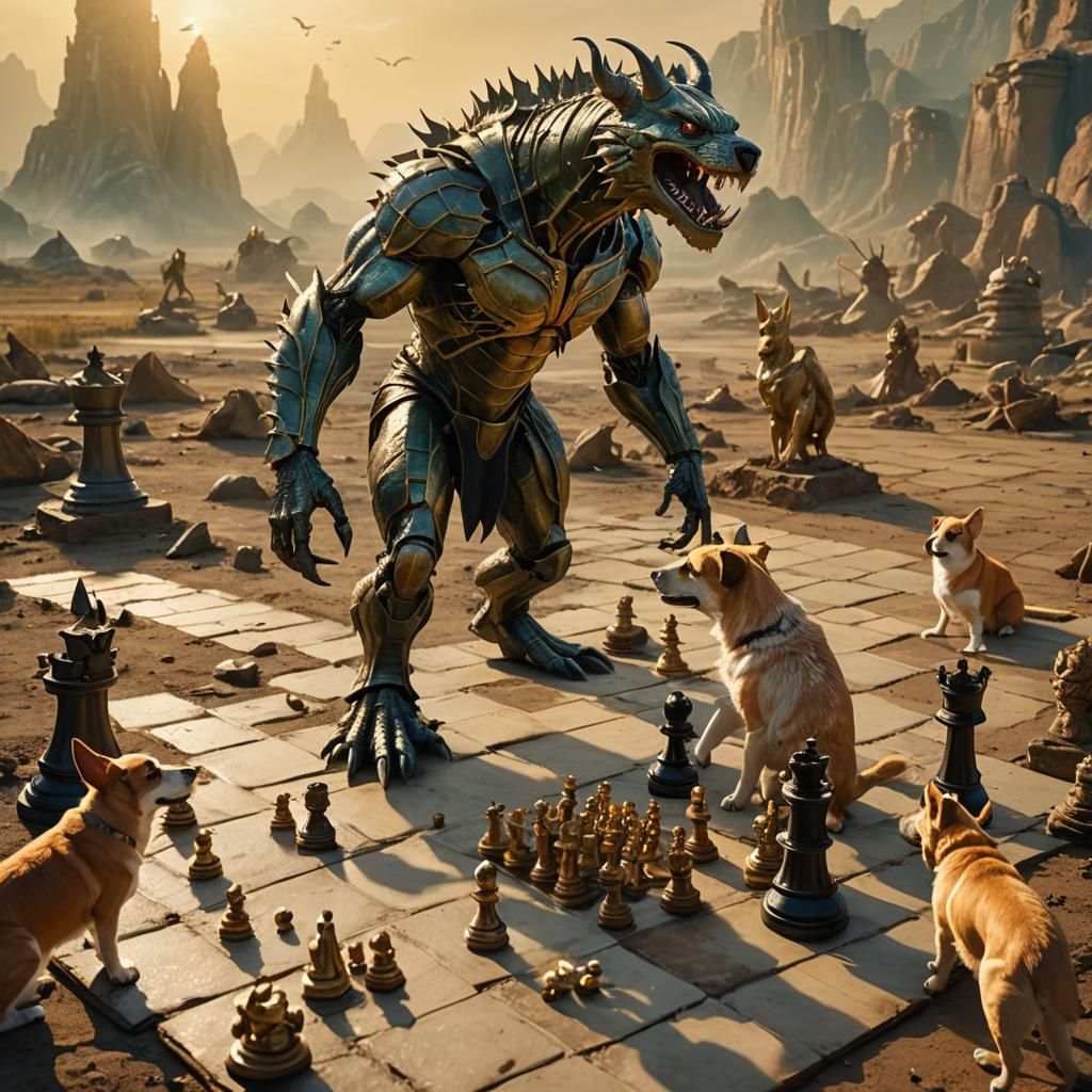 Fantasy Monster Plays Chess in Landscape of Destruction