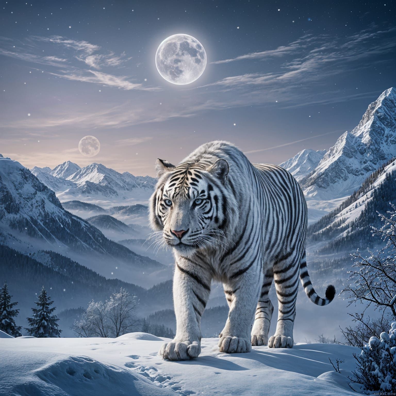 White Tiger in Snowy Mountain Scene at Night