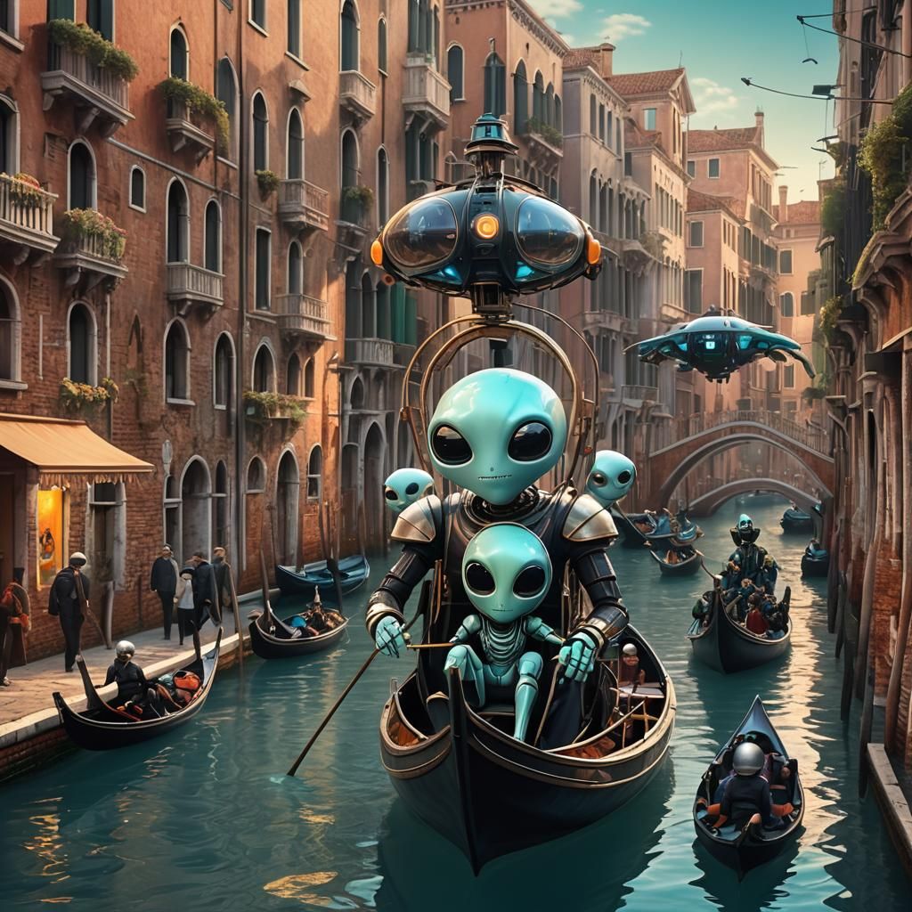Futuristic Venice Carnival with Cyborg Gondalier in 3D