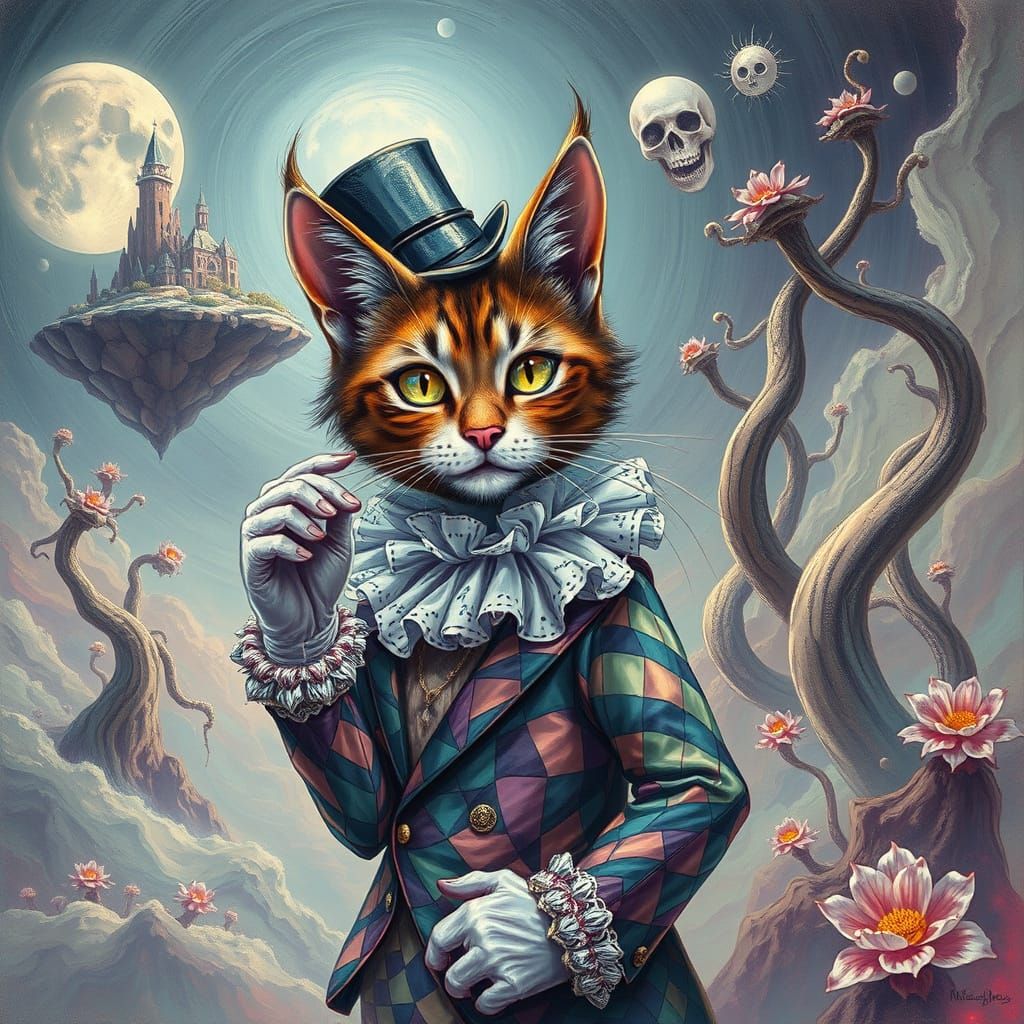 A whimsical painting of an anthropomorphic cat, dressed in a flamboyant, avant-garde outfit, striking a pose in a surrea...