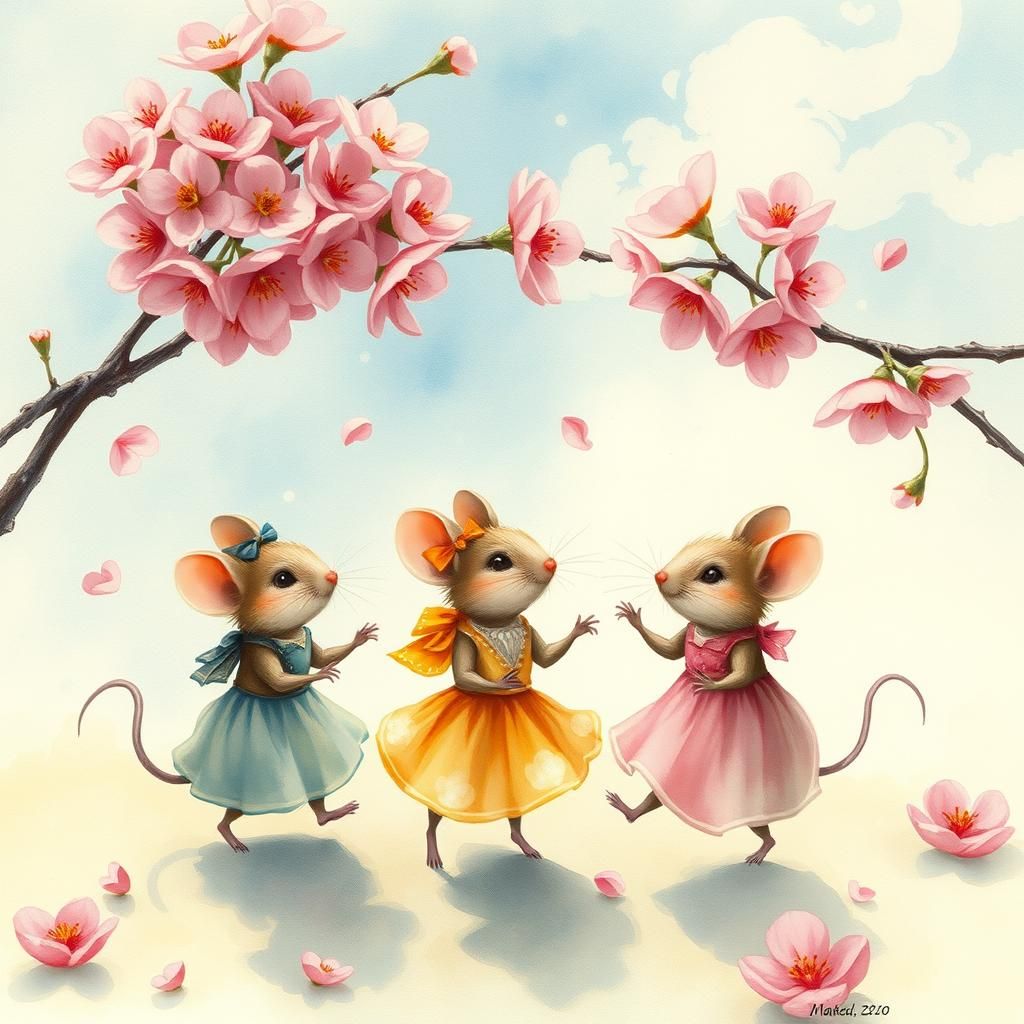 Whimsical Mice Dancing Beneath Cherry Blossoms