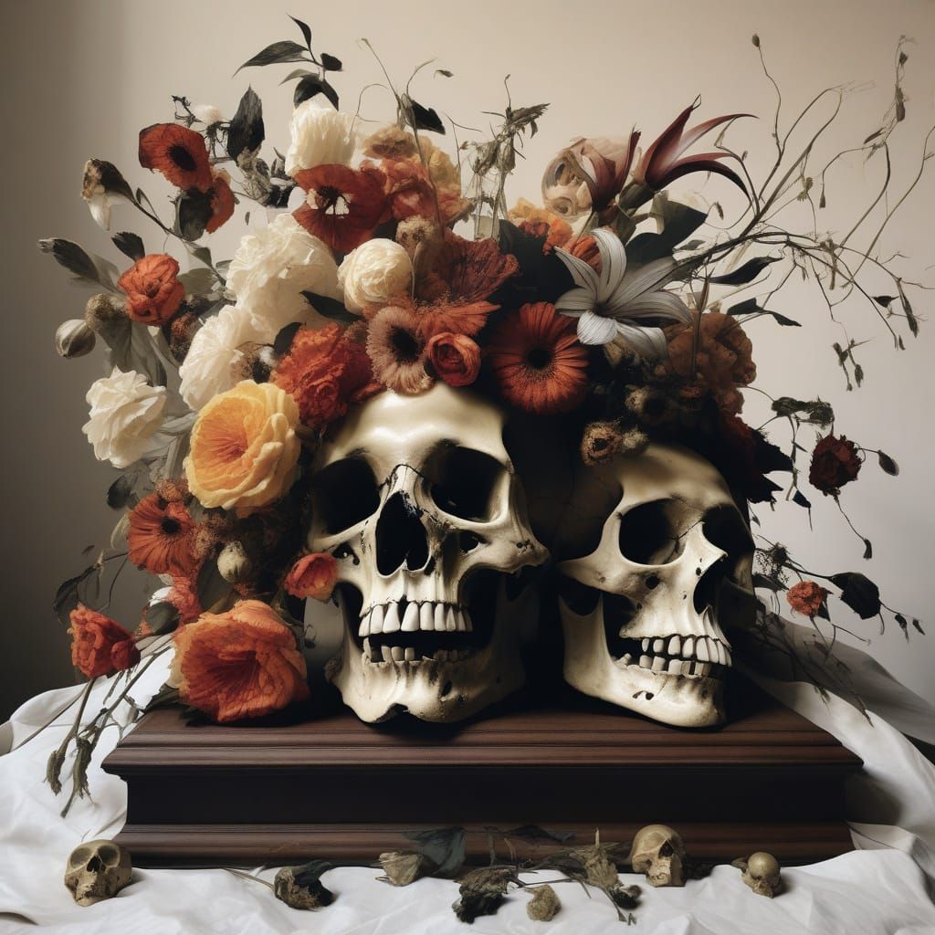 Macabre Still Life of Skulls and Flowers in Baroque Style