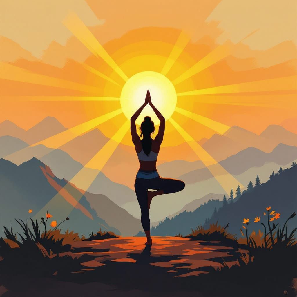 Sunrise Yoga Ritual on Mountaintop in Impressionistic Oil St...