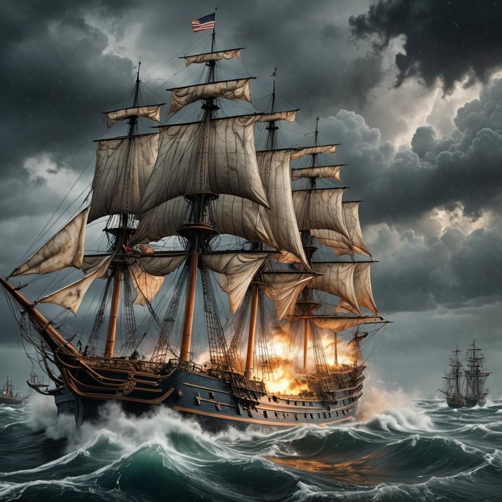 USS Constitution in Stormy Sea: Detailed Matte Painting