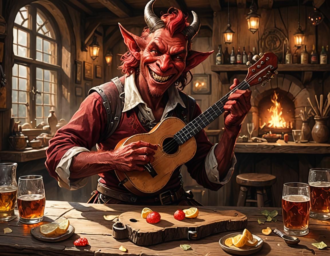 Tiefling Bard's Tavern Performance in Anime Style