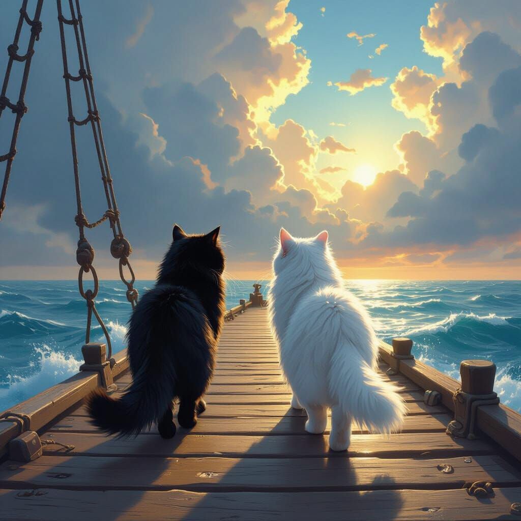 Cats on Pirate Ship Dock with Ocean Backdrop